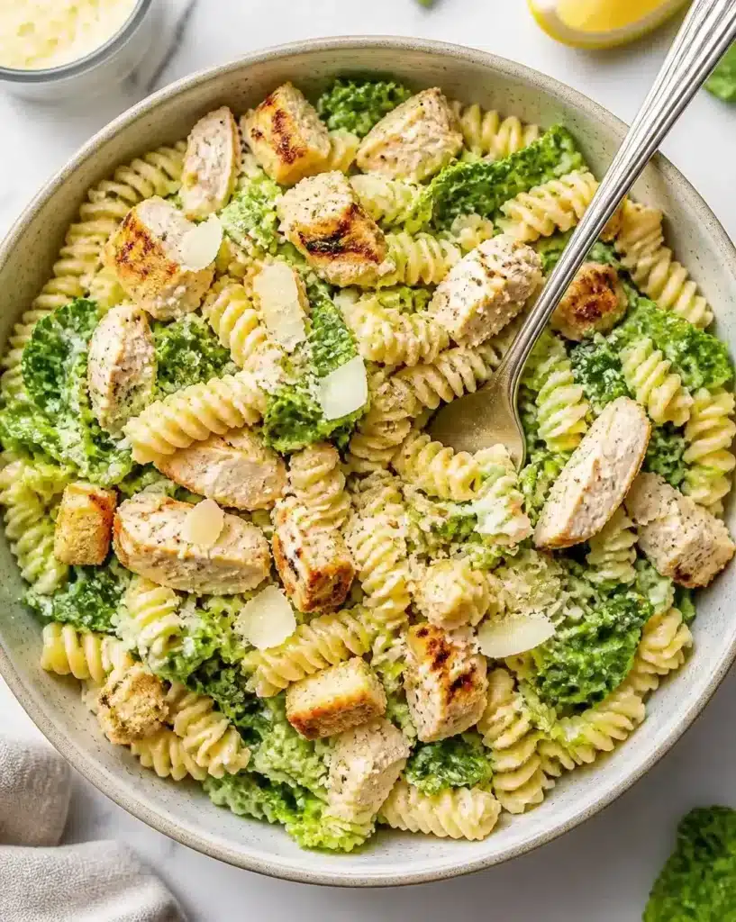 Creamy Chicken Caesar Pasta Salad served as a finished recipe