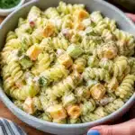 Creamy dill and pickle pasta salad in a bowl with fresh ingredients