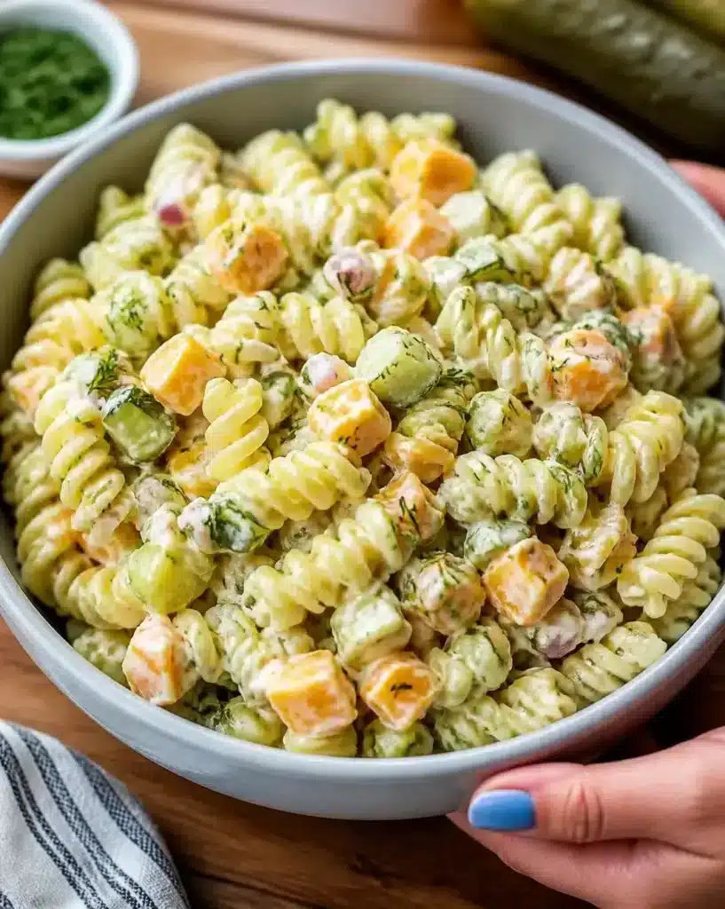 Creamy Dill and Pickle Pasta Salad served as a finished recipe