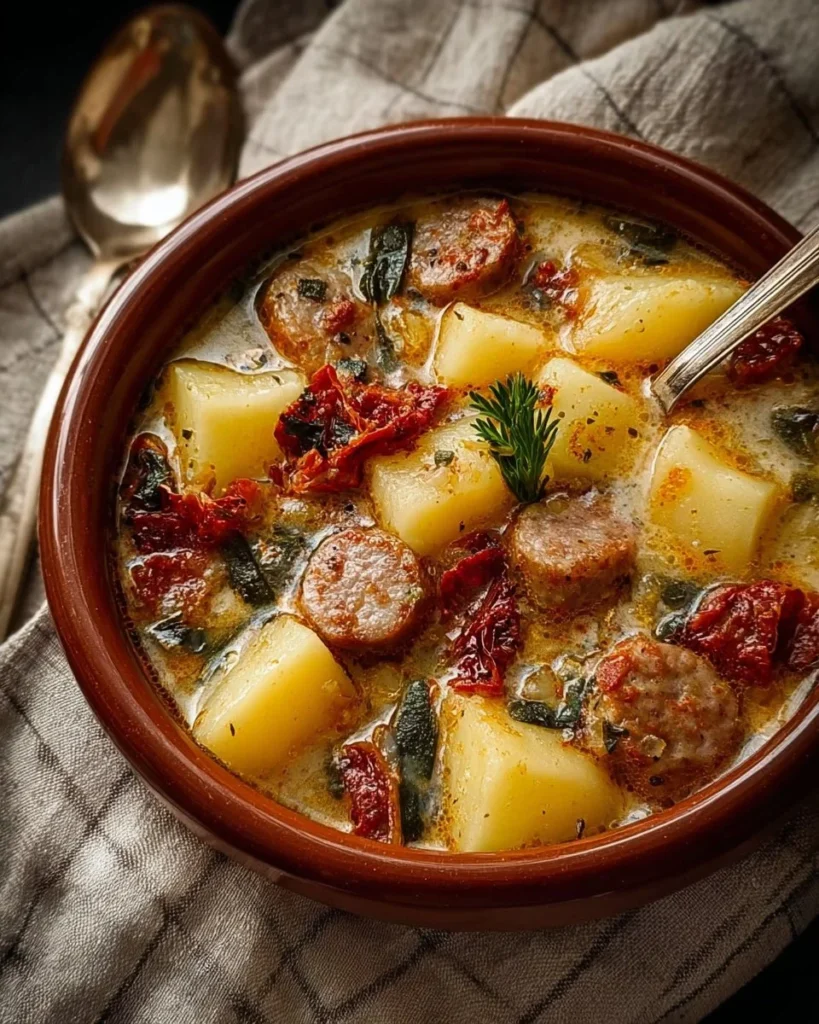 Creamy Italian sausage and potato soup in a bowl, garnished with herbs.