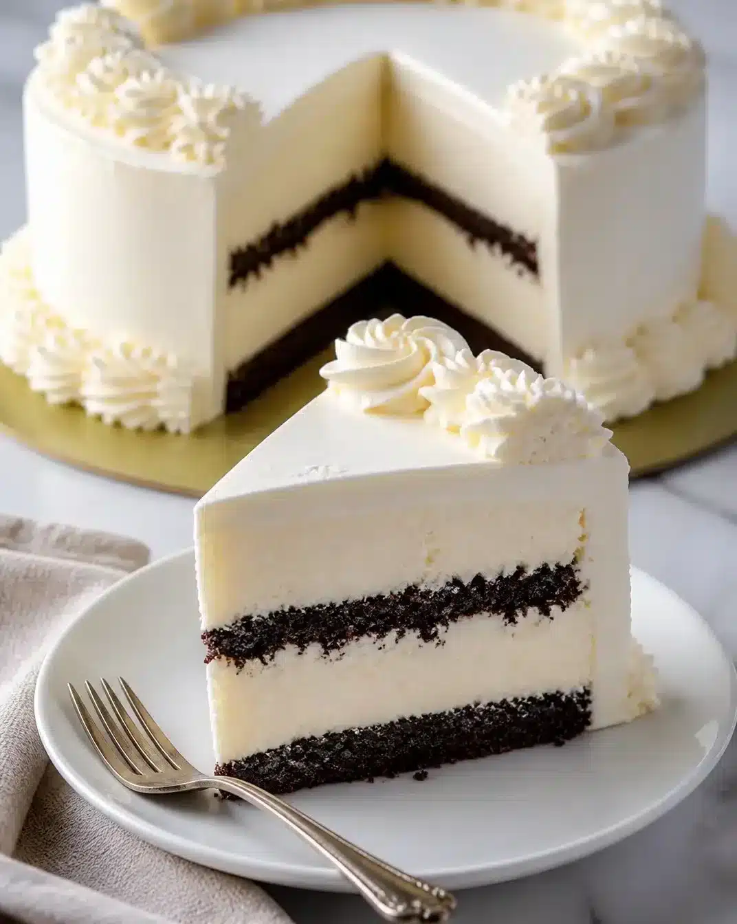 Creamy vanilla ice cream cake decorated with chocolate drizzle and fresh berries
