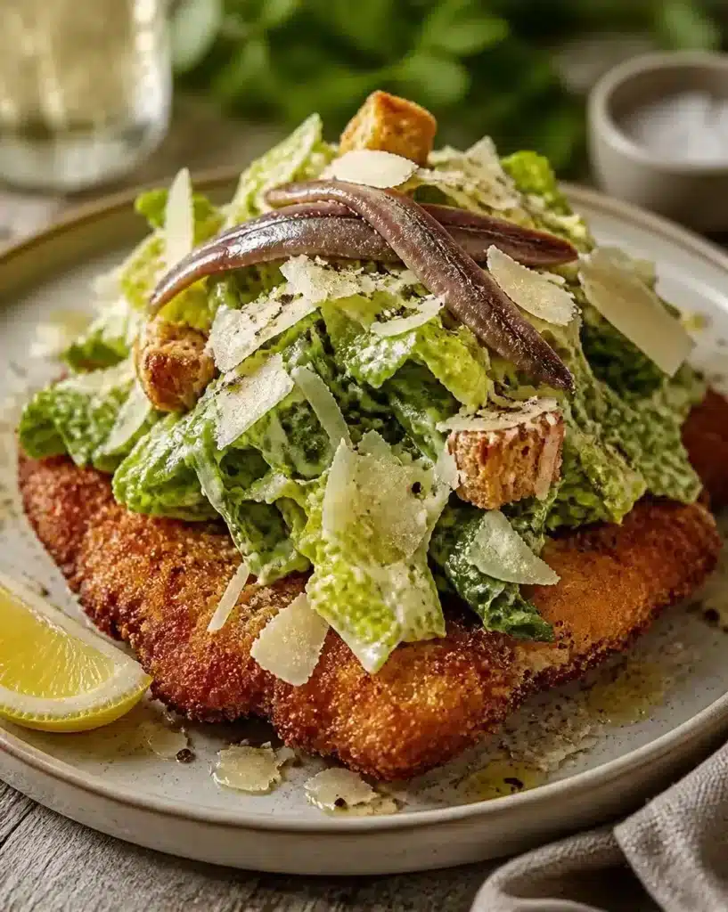 Crispy Chicken Cutlet Caesar Salad Goes Viral served as a finished recipe