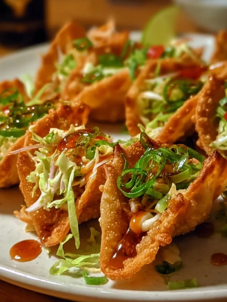 Crispy chicken wonton tacos served with fresh toppings and sauces.