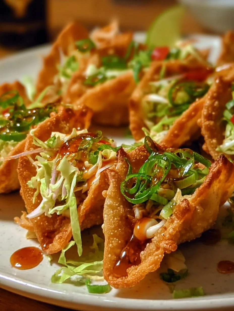 Crispy chicken wonton tacos served with fresh toppings and sauces.