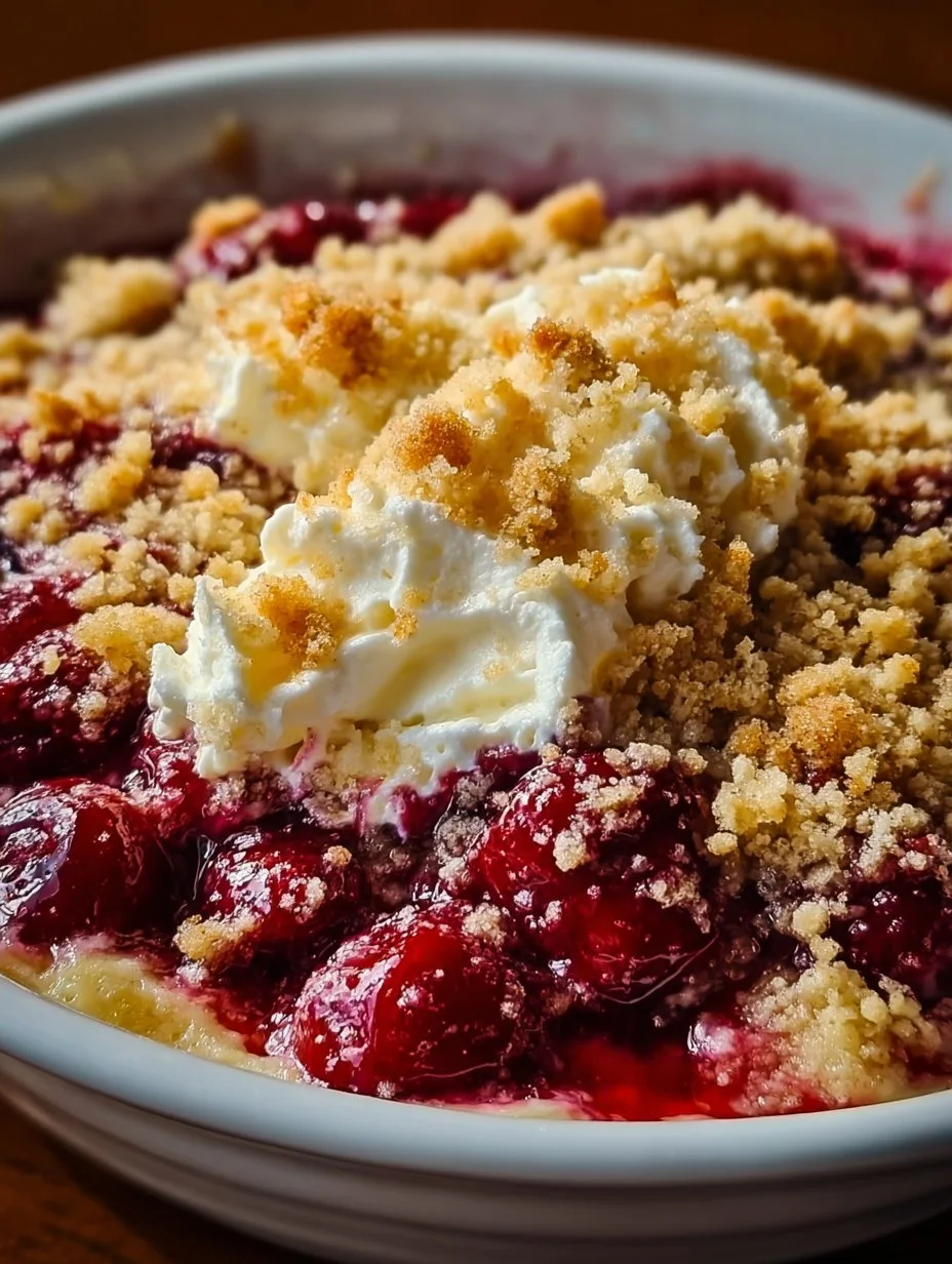 Crumble-Topped Cherry Cheesecake Dump Cake 1 Crumble-Topped Cherry Cheesecake Dump Cake displayed on a dessert plate
