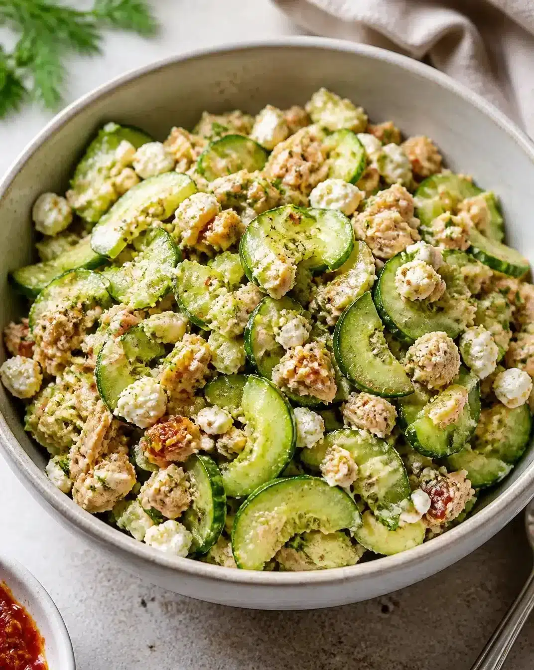 Fresh cucumber salad with herbs, tomatoes, and dressing