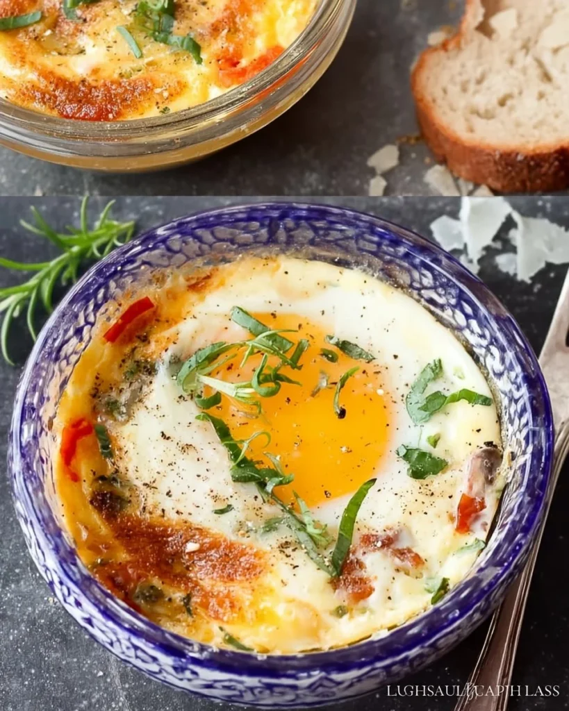 Delicious easy baked eggs served in a dish with fresh herbs