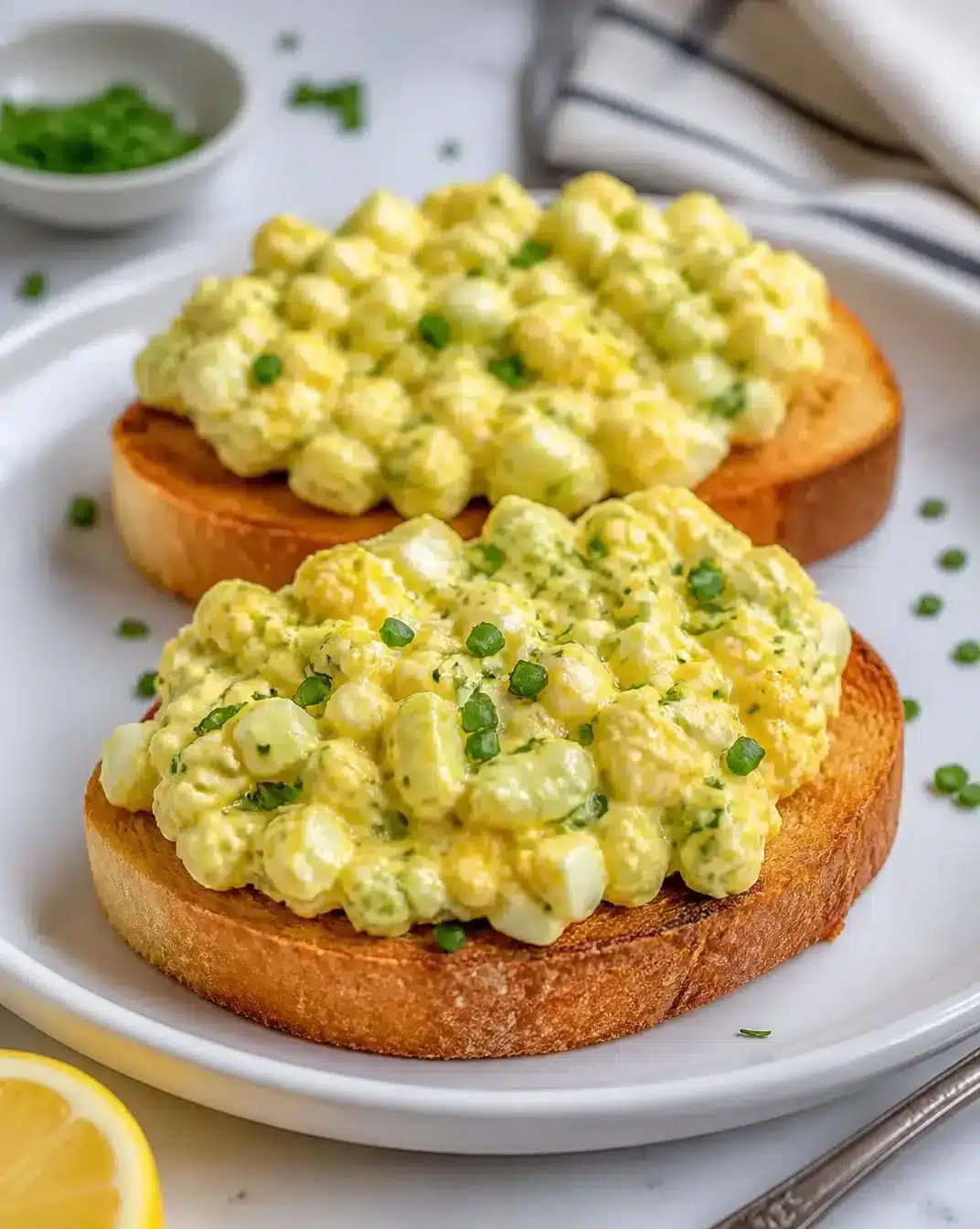 Bowl of easy egg salad with herbs and spices on a wooden table