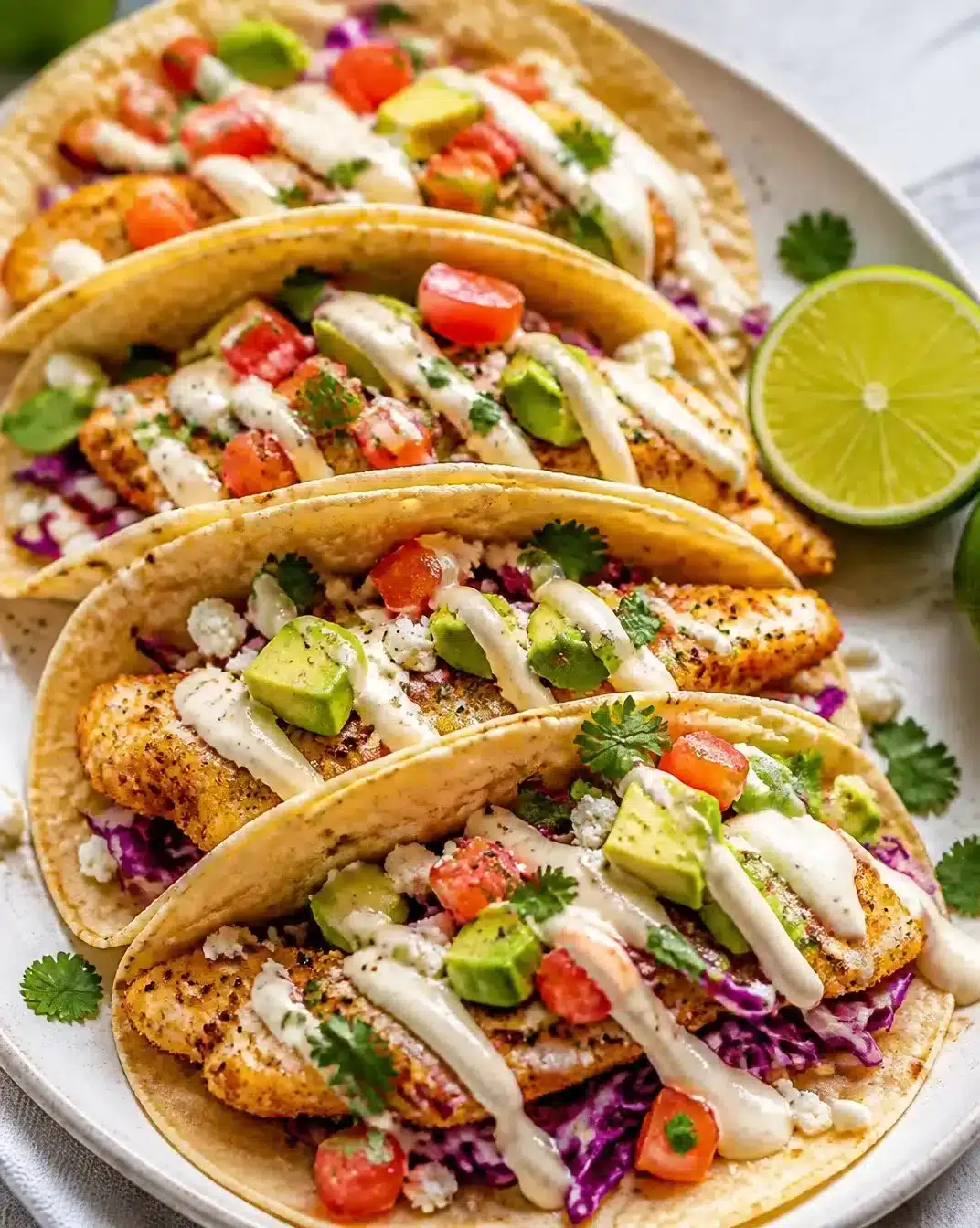 Plate of delicious easy fish tacos topped with fresh ingredients