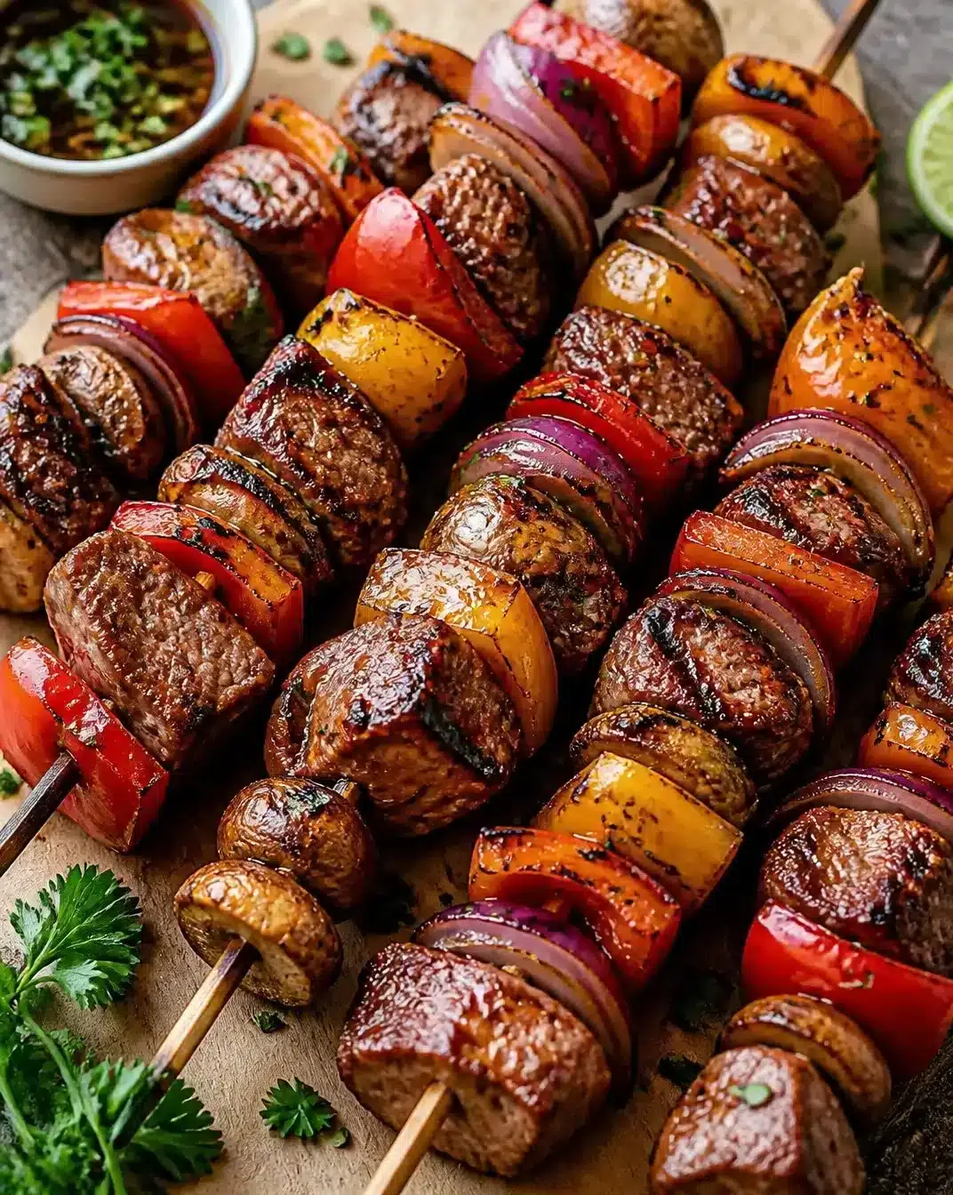 Delicious grilled steak kebabs served with vegetables and sauce