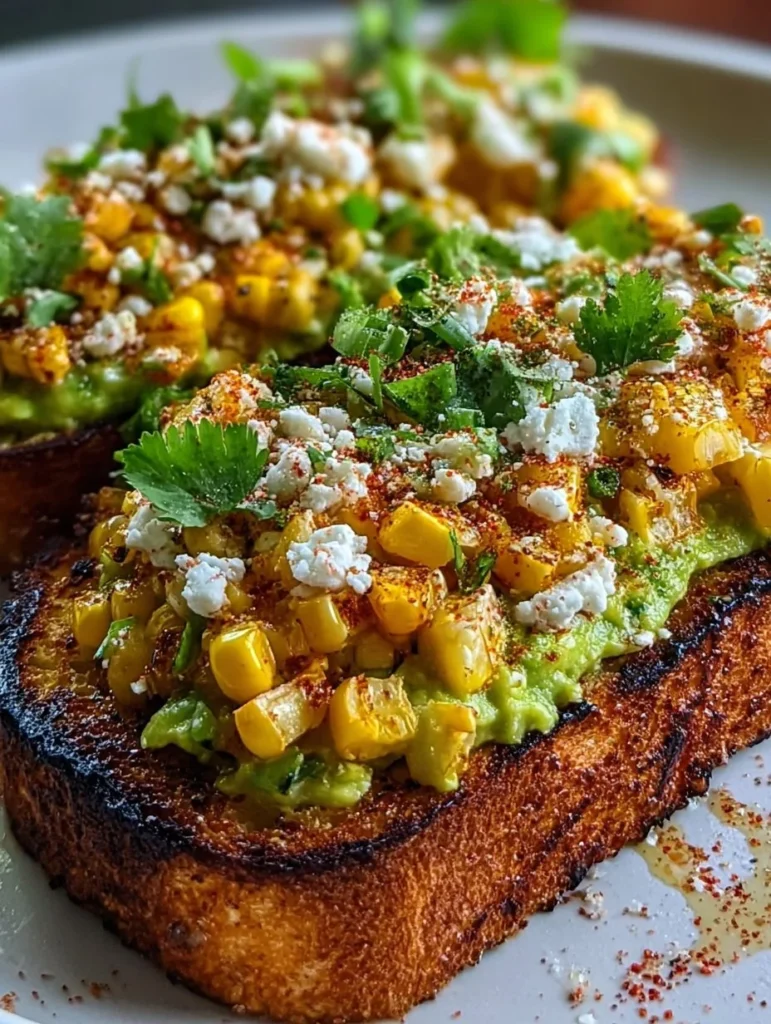 Fiesta-style avocado toast topped with Mexican street corn and fresh ingredients.