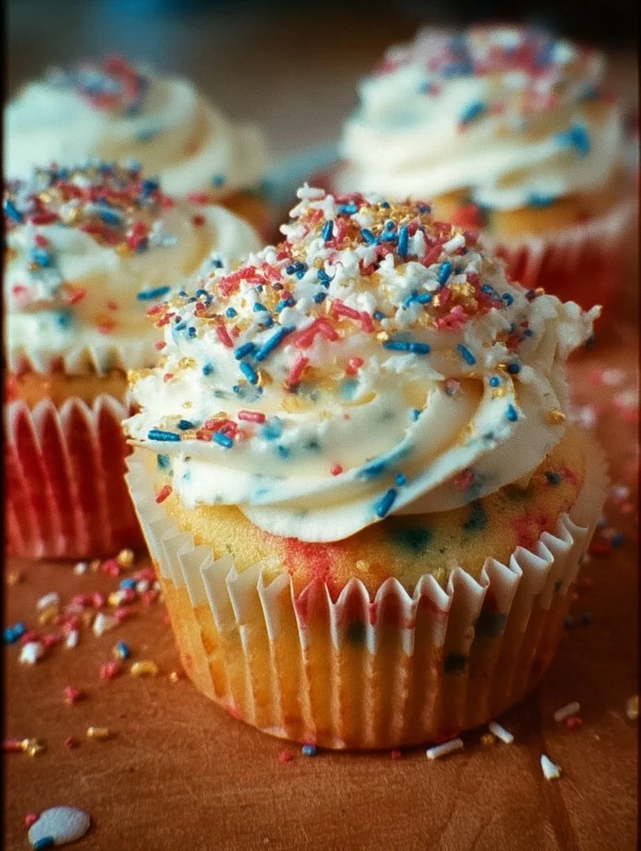 Fireworks-inspired funfetti cupcakes topped with colorful sprinkles and frosting