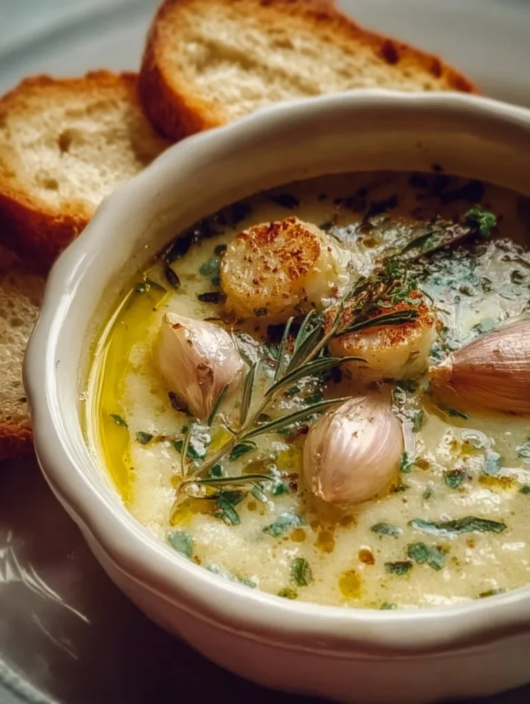 Delicious bowl of French-Style Garlic Soup garnished with fresh herbs