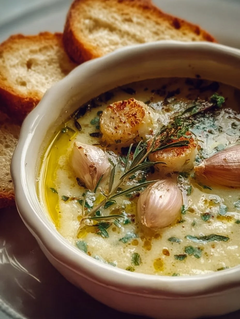 Delicious bowl of French-Style Garlic Soup garnished with fresh herbs