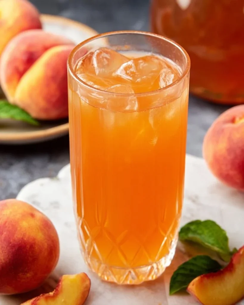 Fresh Southern peach sweet tea served in a glass with peach slices.