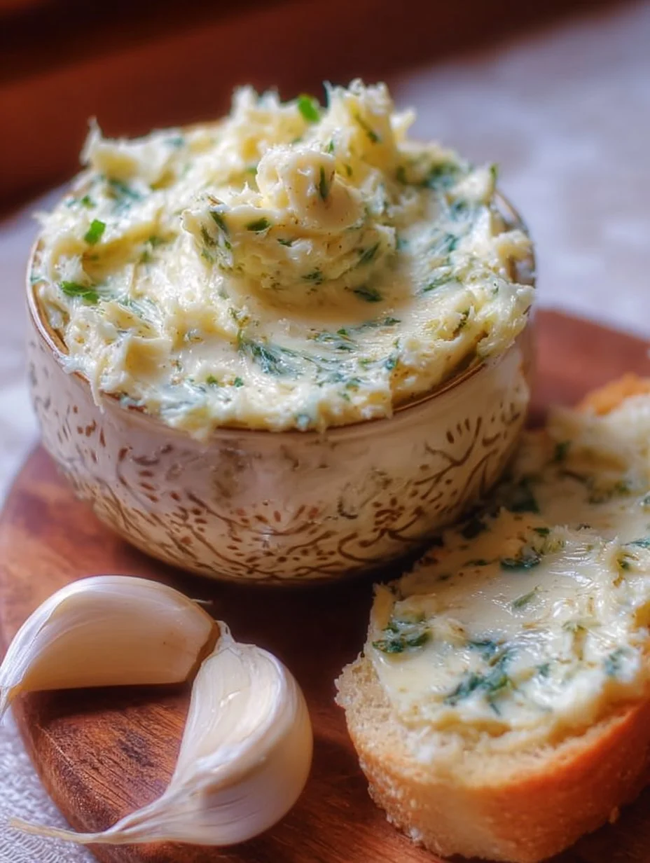 A bowl of homemade garlic butter with herbs and a loaf of bread.