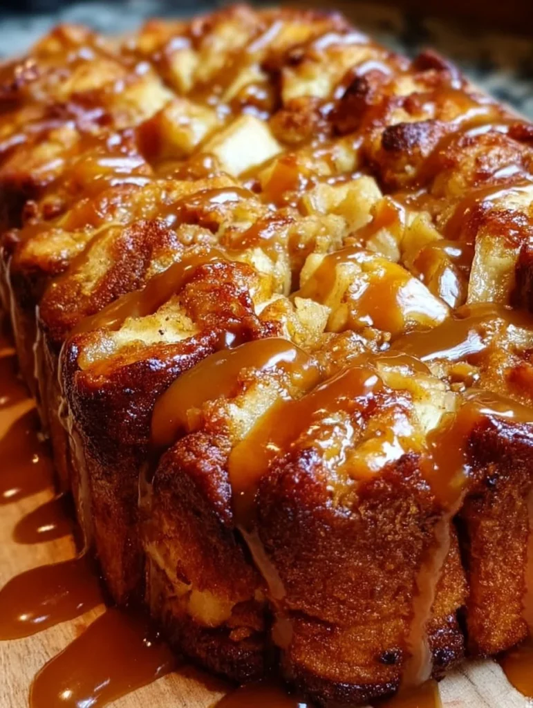 Gooey caramel apple monkey bread pull-apart dessert topped with caramel and apples.