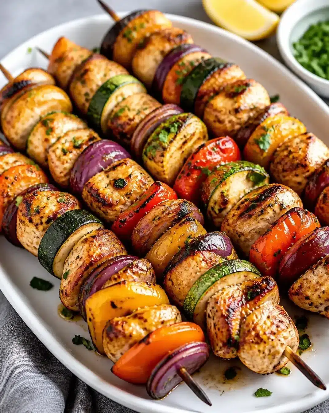 Delicious grilled chicken skewers ready to be served on a plate