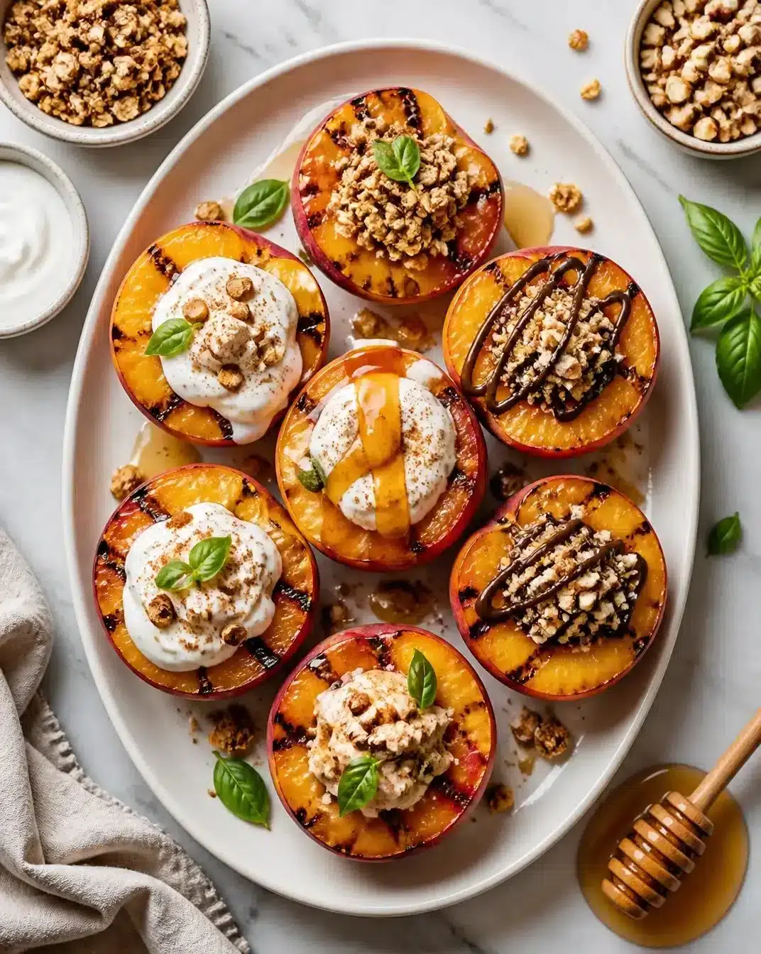 Grilled Peaches 1 Grilled peaches served with ice cream and mint garnish on a plate