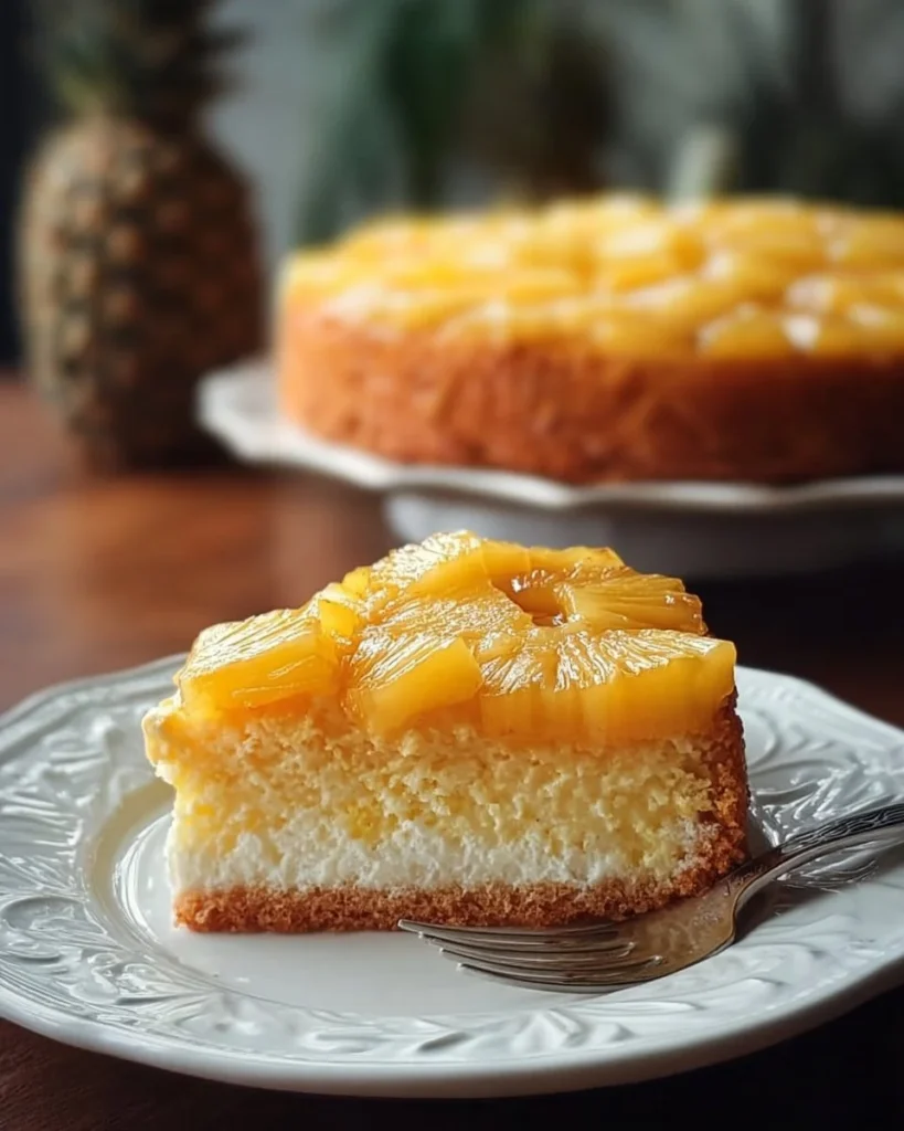 Beautiful slice of Heavenly Pineapple Cake topped with fresh pineapple and cream