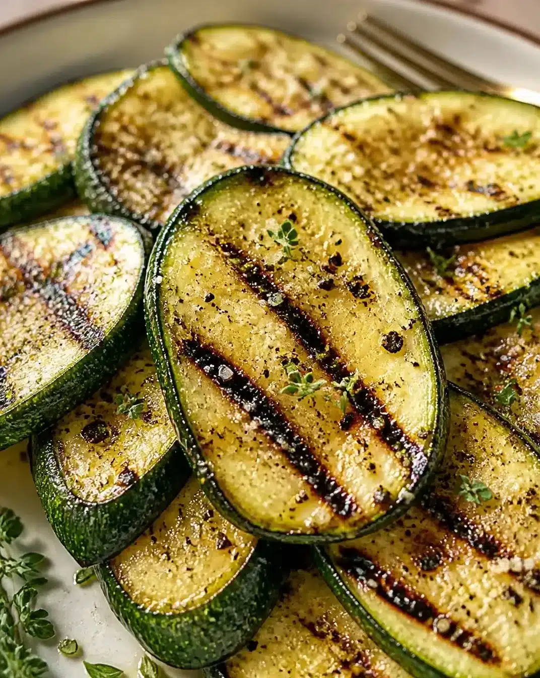 Grilled herbed charred courgette served on a platter