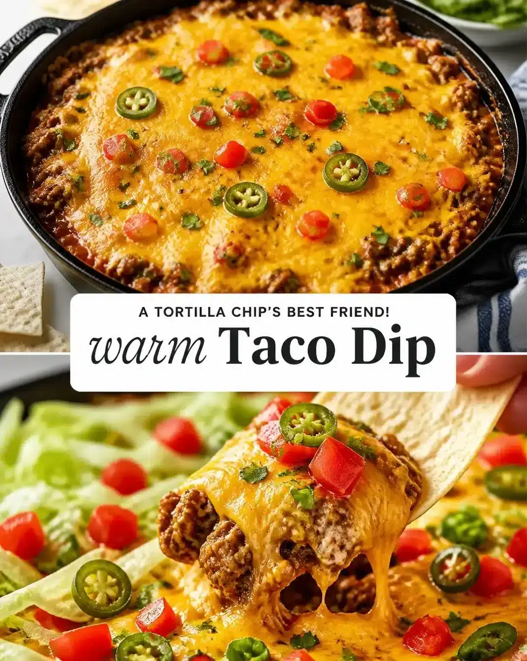 Delicious hot taco dip served in a bowl with tortilla chips