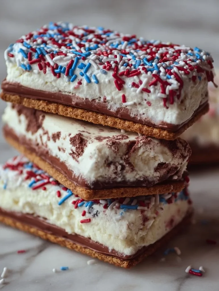 Colorful Independence Day ice cream sandwiches featuring patriotic layers