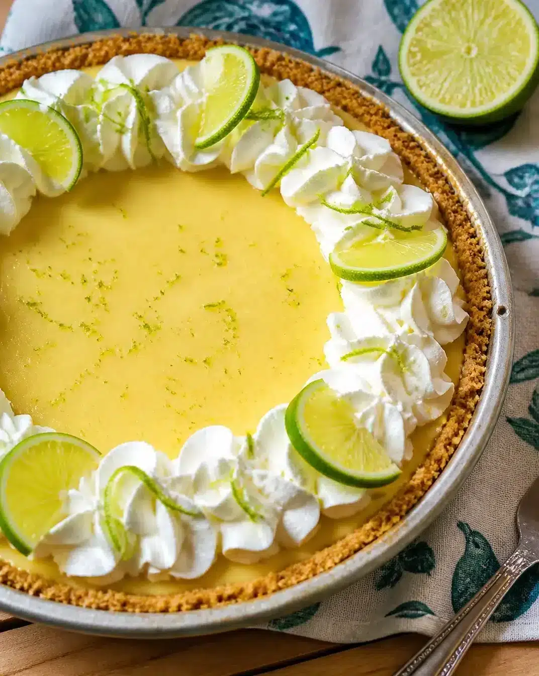 Delicious slice of Key Lime Pie with a graham cracker crust and lime garnish