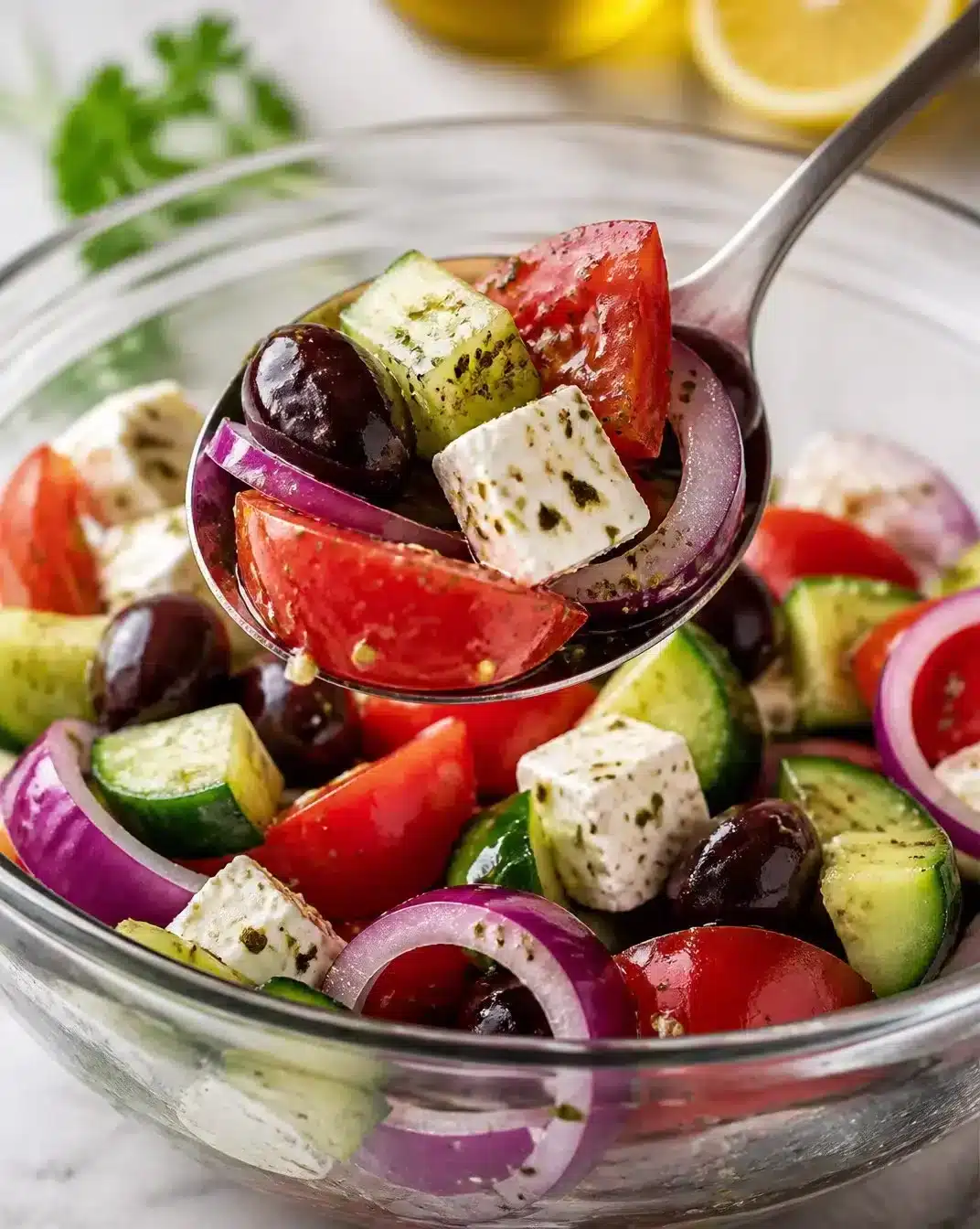 Colorful low-carb Greek salad with cucumbers, tomatoes, olives, and feta cheese