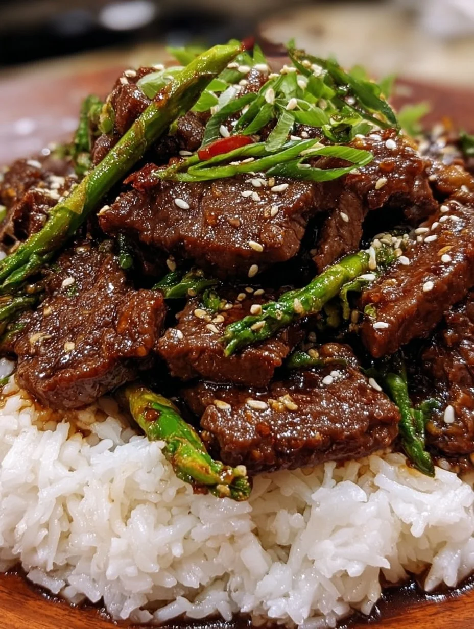 Plate of savory Mongolian Beef stir-fry with green onions and rice