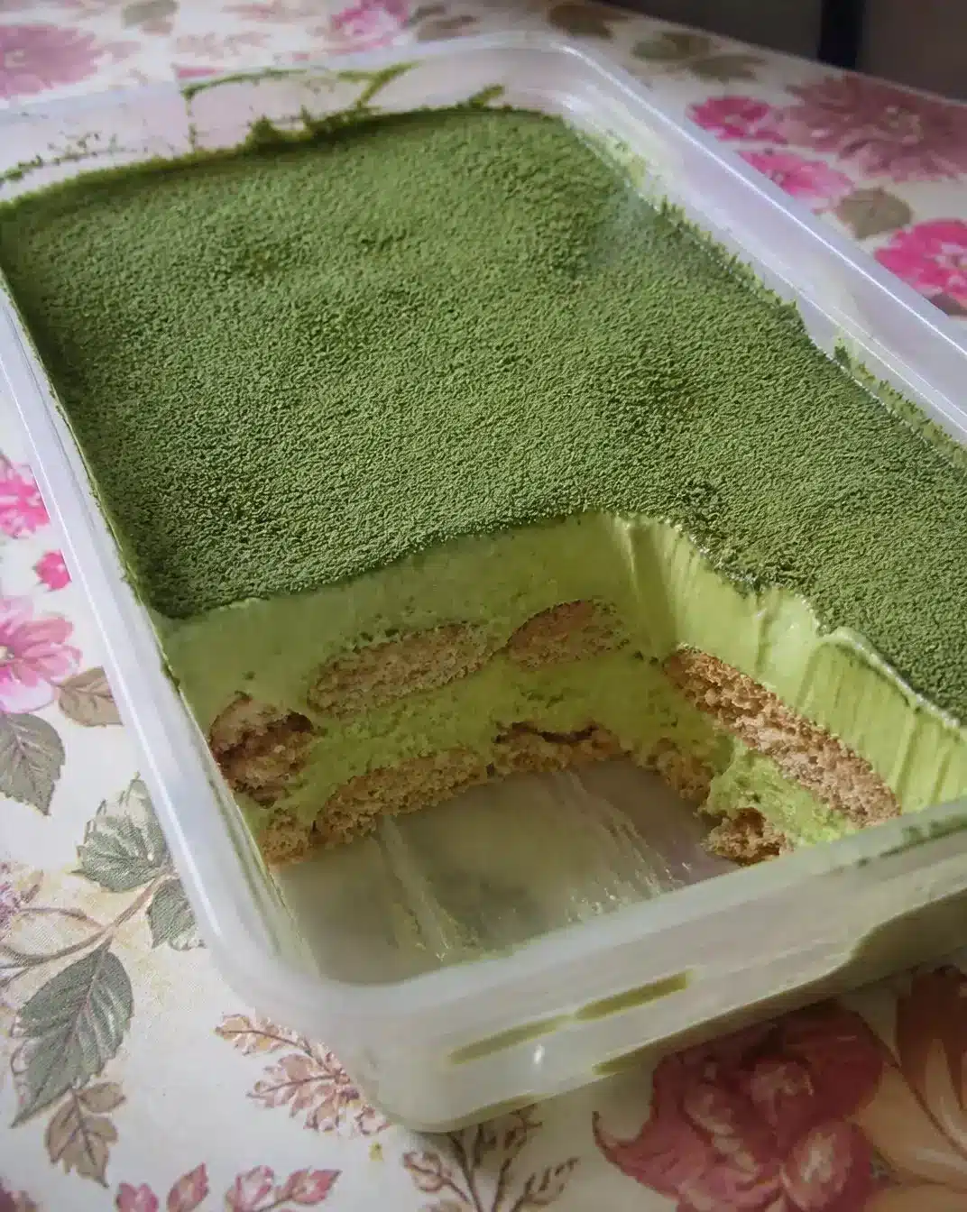 Delicious no-bake matcha green tea dessert served in a beautiful dish