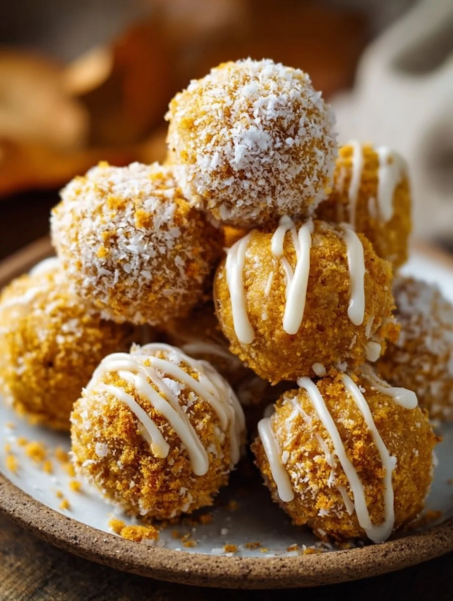 No-bake pumpkin cheesecake balls arranged on a platter with autumn decorations