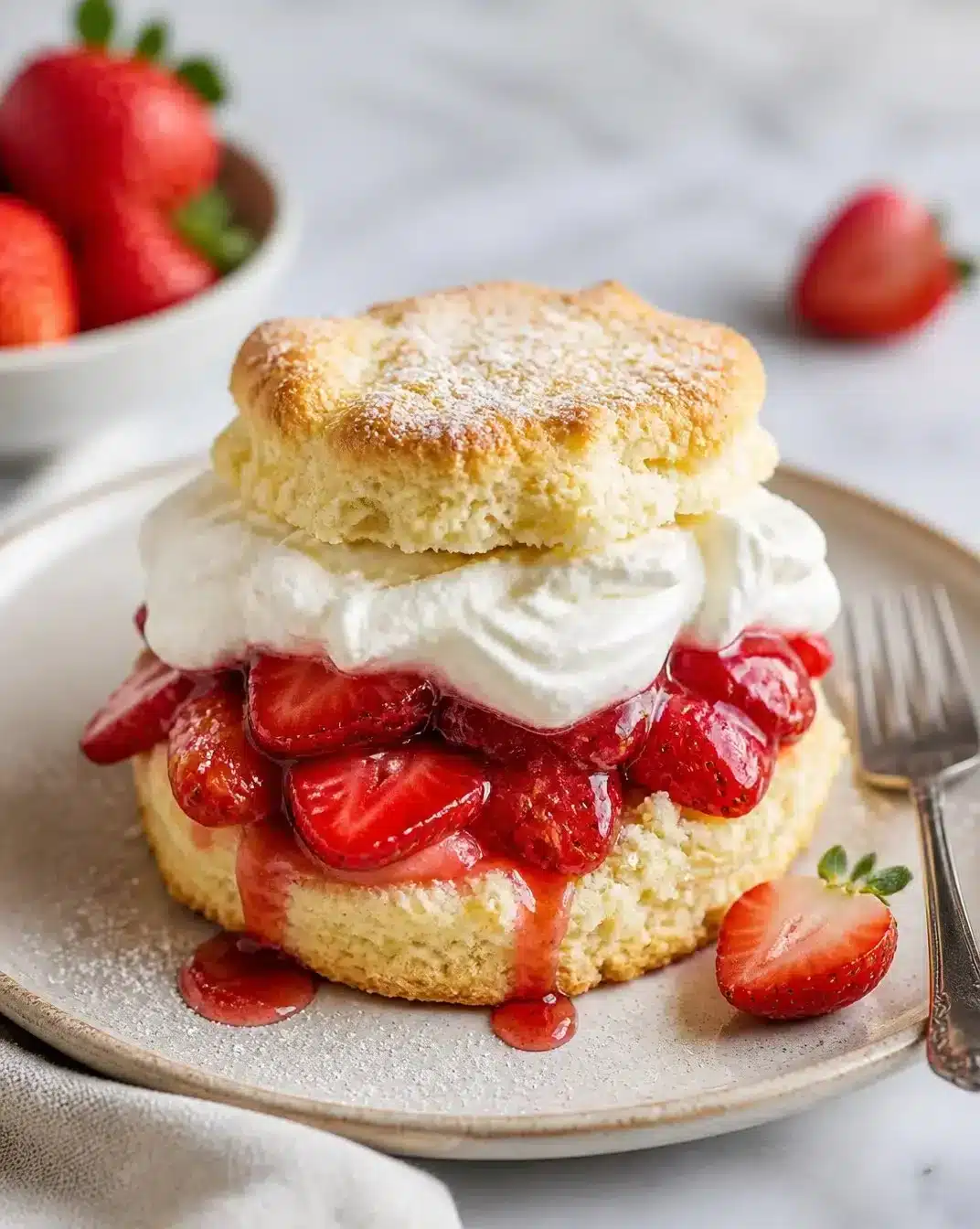 Old-fashioned strawberry shortcake with fresh strawberries and whipped cream