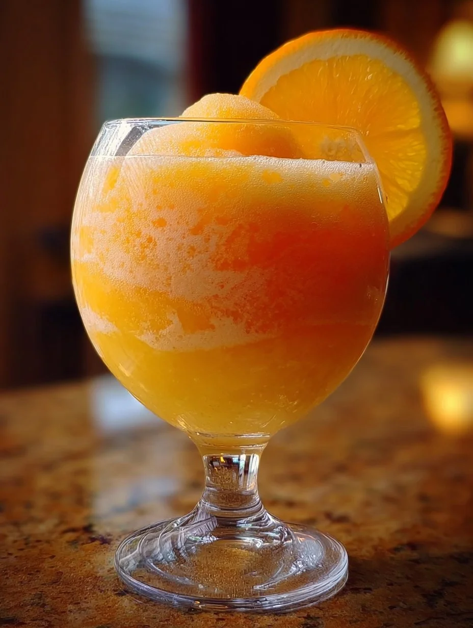 Delicious glass of Orange Sherbet Punch garnished with orange slices