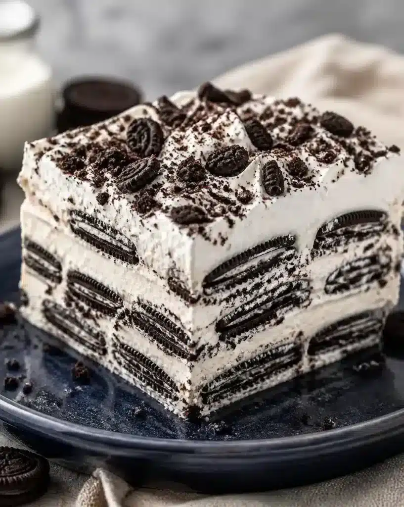 Oreo No-Bake Icebox Cake 2 Oreo No-Bake Icebox Cake served as a finished recipe