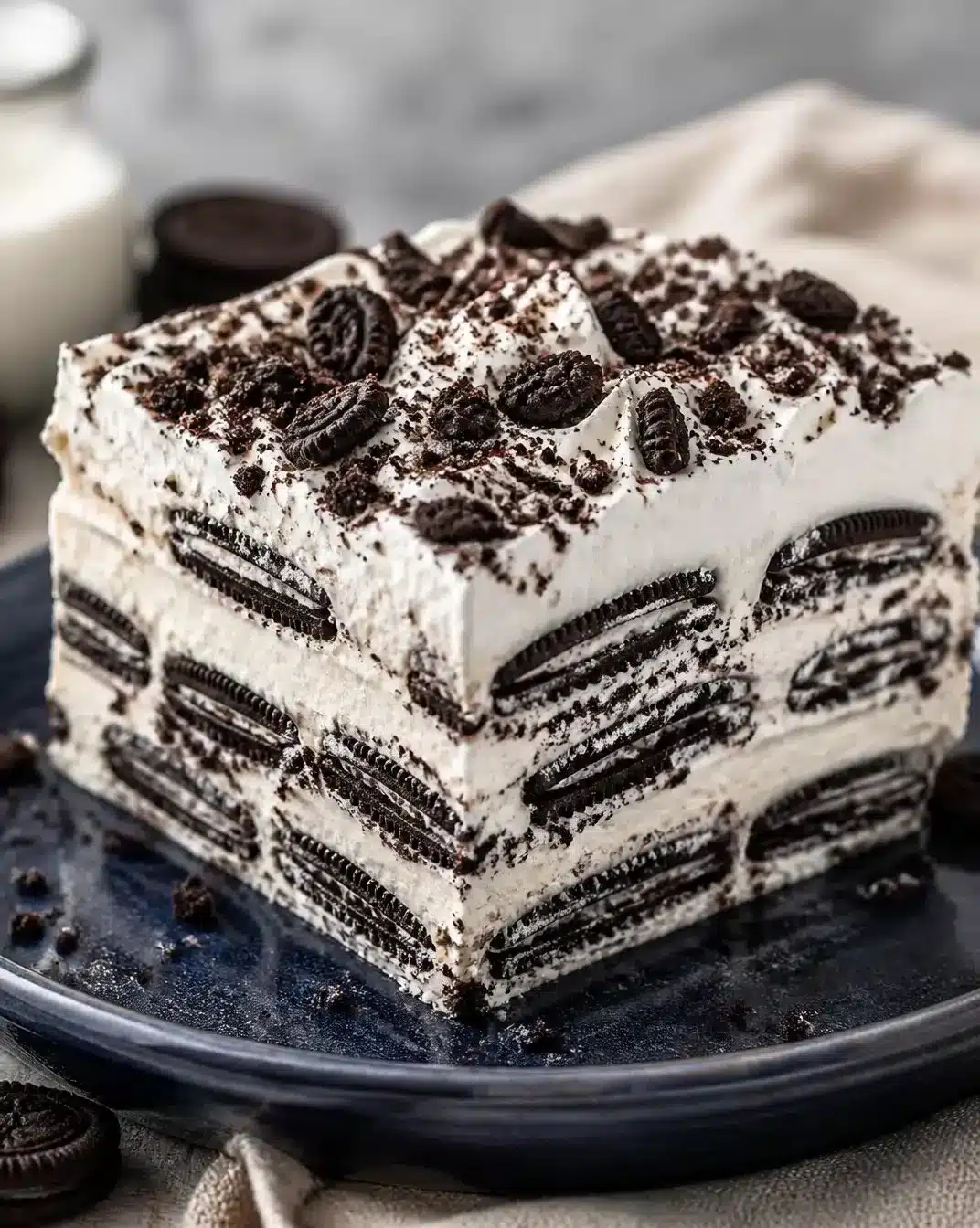 Delicious no-bake Oreo Icebox Cake served on a plate