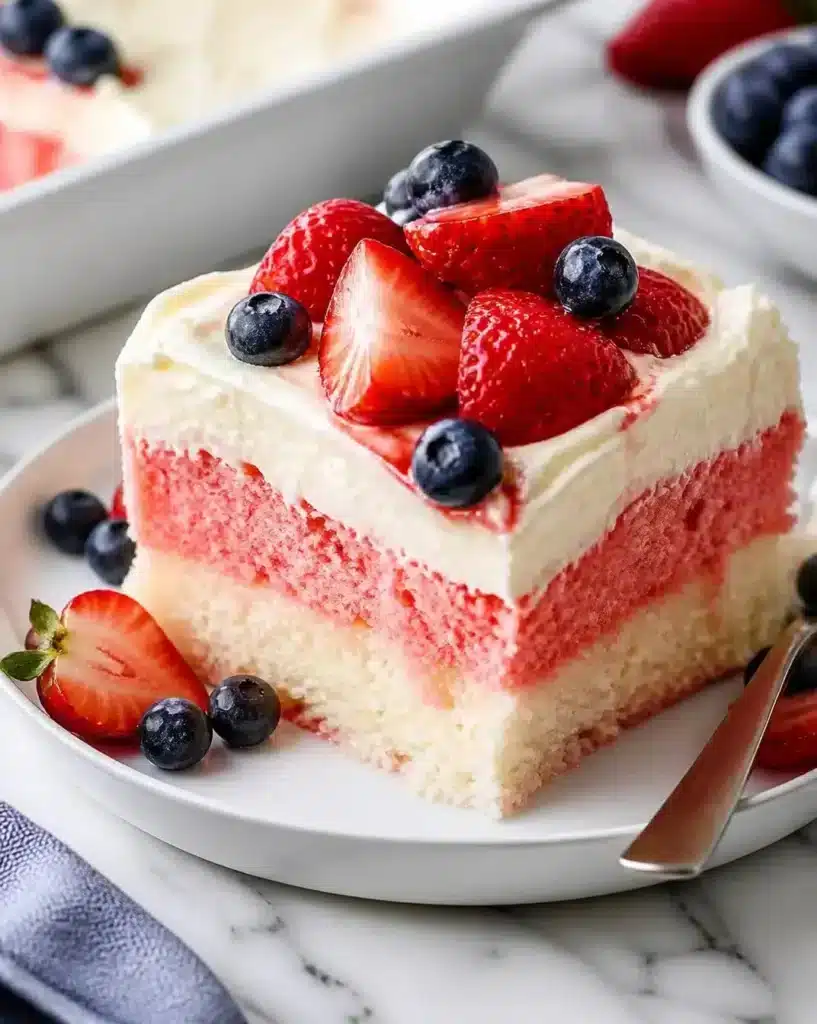 Patriotic Flag Cake with Cream Cheese Topping served as a finished recipe