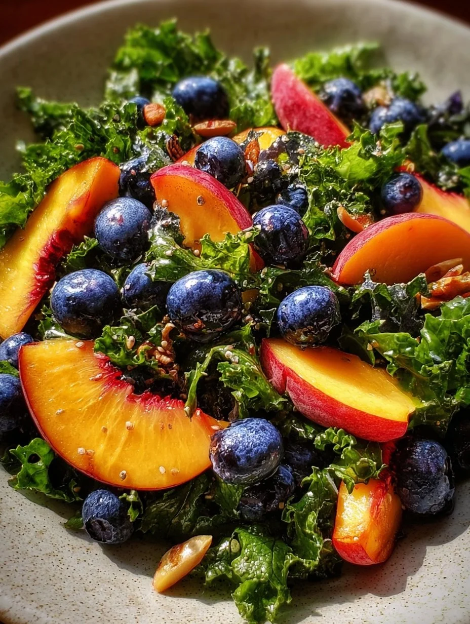 Peach-Blueberry Kale Harvest Salad with vibrant ingredients in a bowl