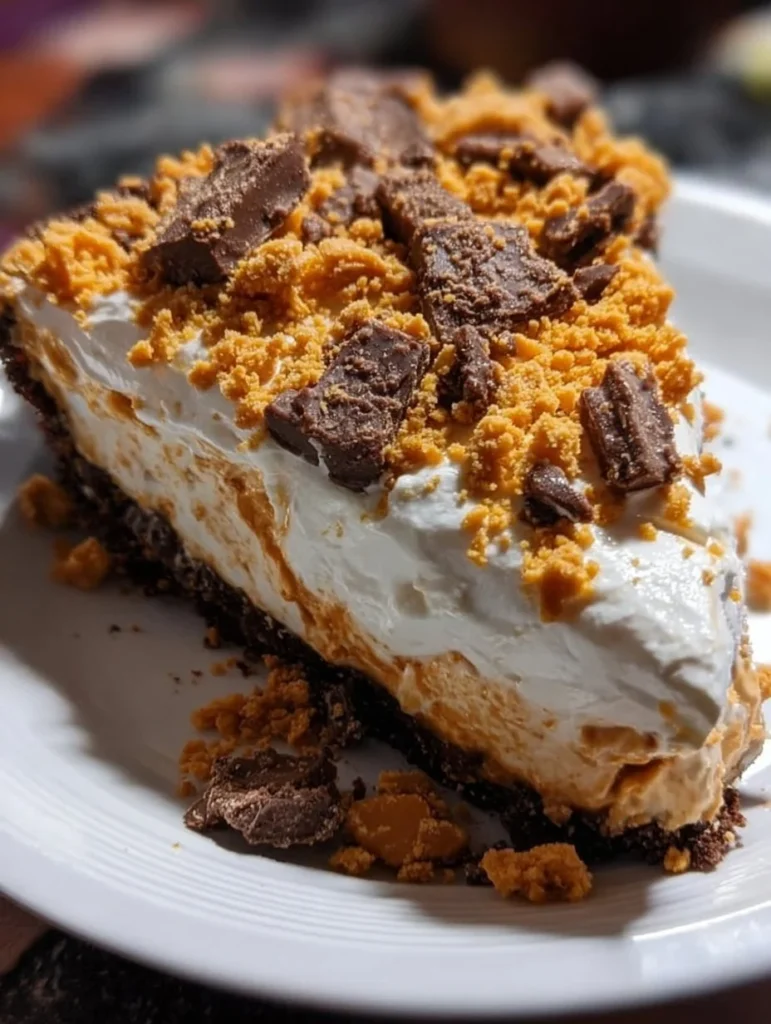 Delicious Peanut Butter Crunch Pie served with a chocolate drizzle
