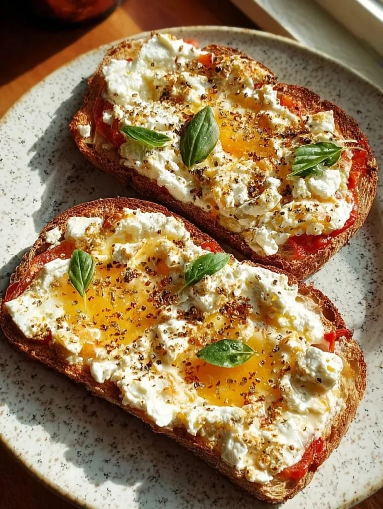 Protein-packed cottage cheese pizza toast topped with fresh ingredients