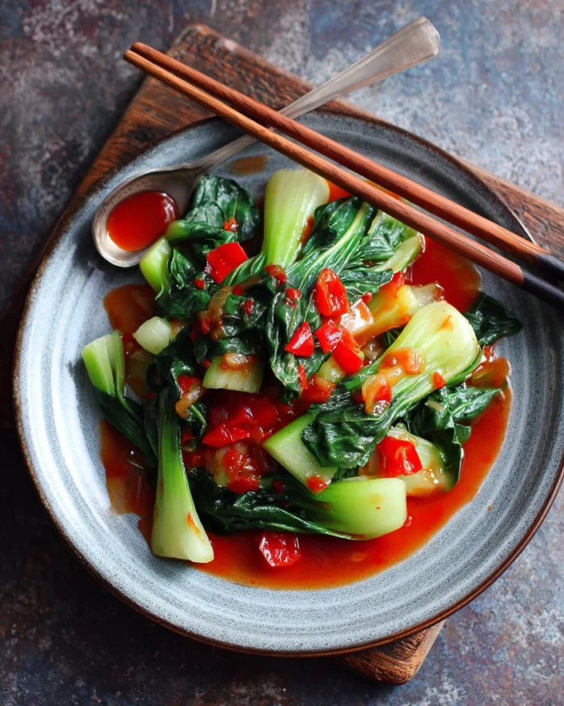 Quick Bok Choy with Ginger Chili Sauce served in a bowl