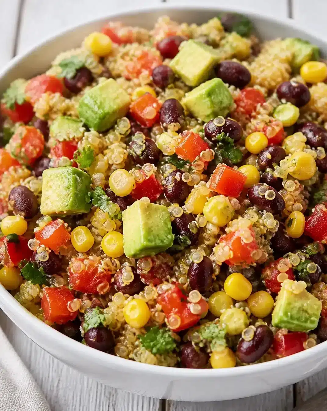 Colorful quinoa salad with Mexican flavors including black beans, corn, and avocado.