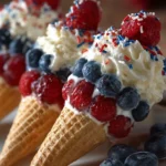 Red, White, and Blueberry Cones dessert featuring fresh blueberries.