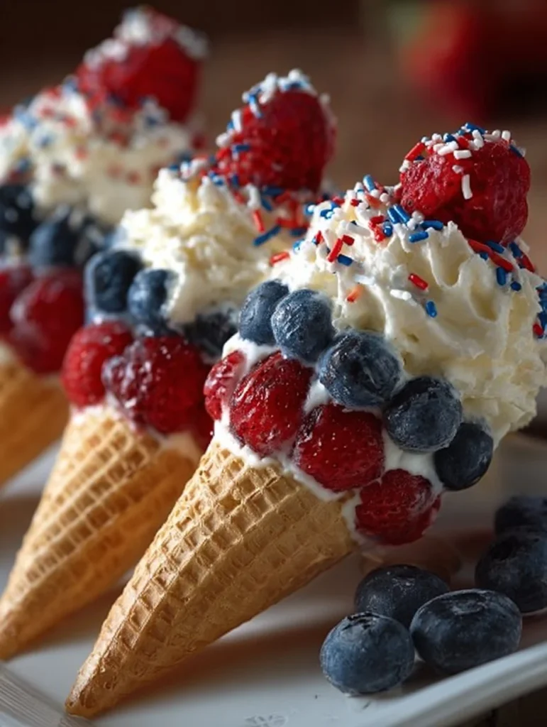 Red, White, and Blueberry Cones dessert featuring fresh blueberries.