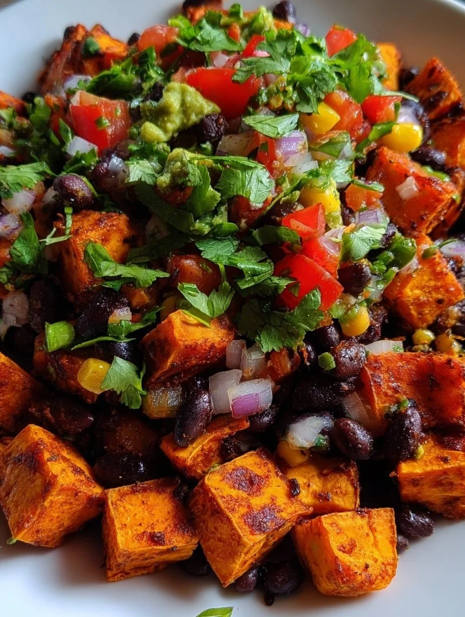 Roasted sweet potato and black bean salad in a colorful bowl