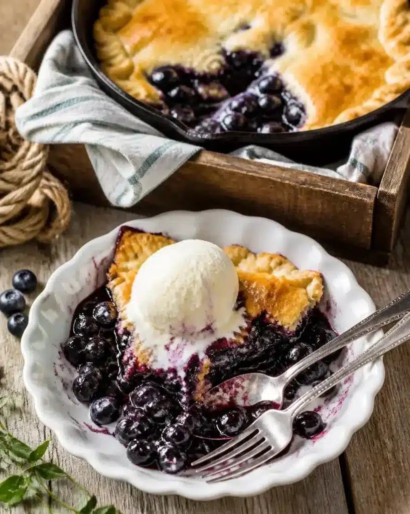 Rustic blueberry skillet pie baked in a cast-iron skillet with fresh blueberries.