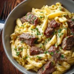 Silky Creamed Steak Pasta topped with herbs and spices in a creamy sauce