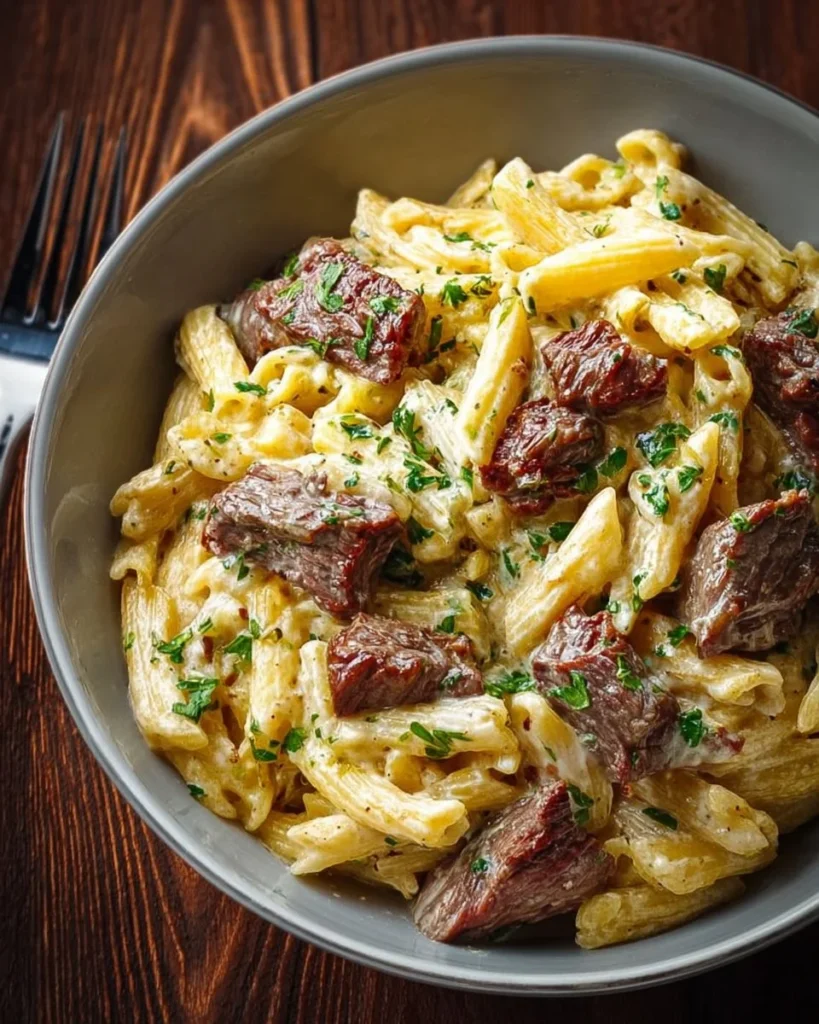 Silky Creamed Steak Pasta topped with herbs and spices in a creamy sauce
