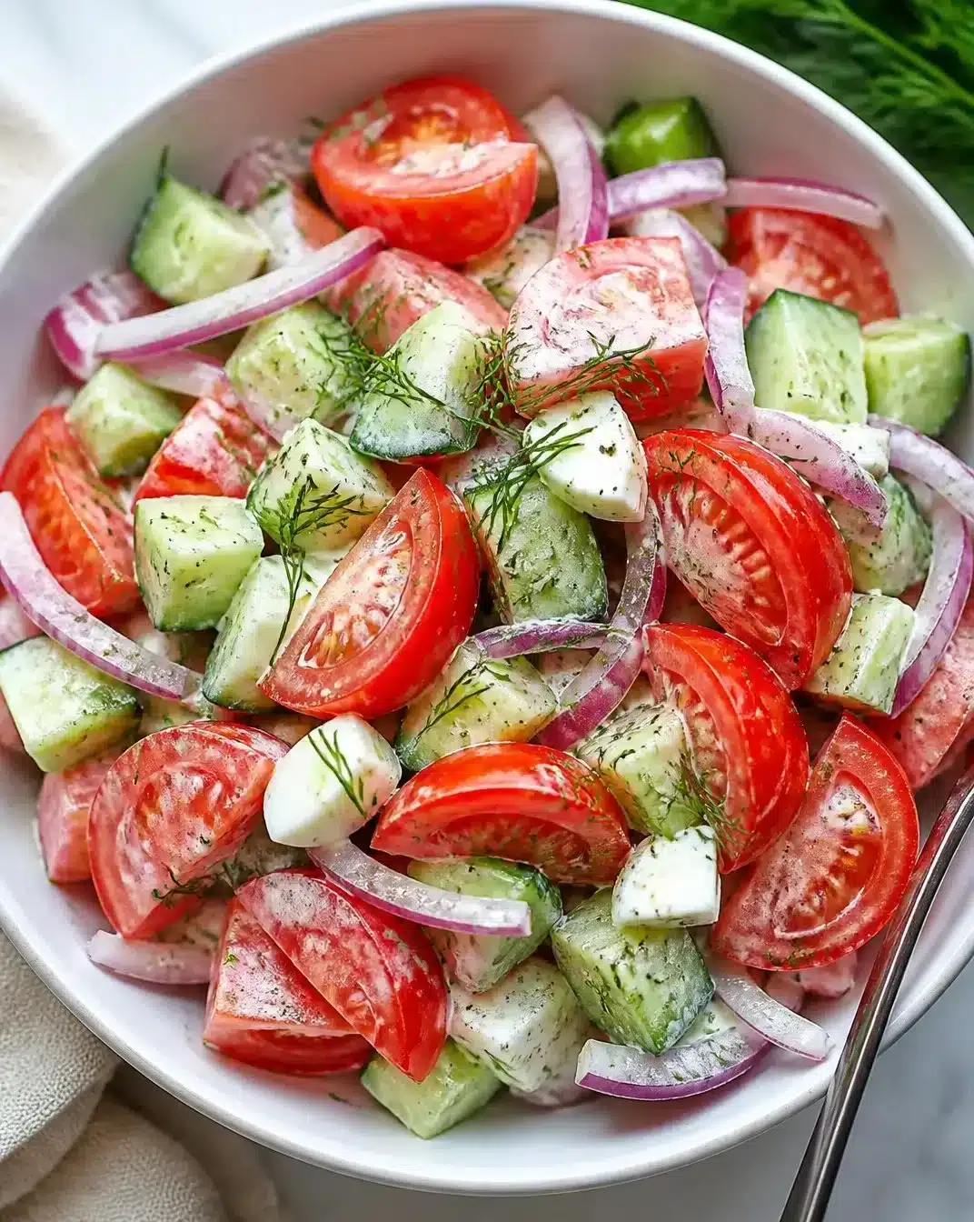 Fresh and colorful simple tomato salad with herbs and vinaigrette