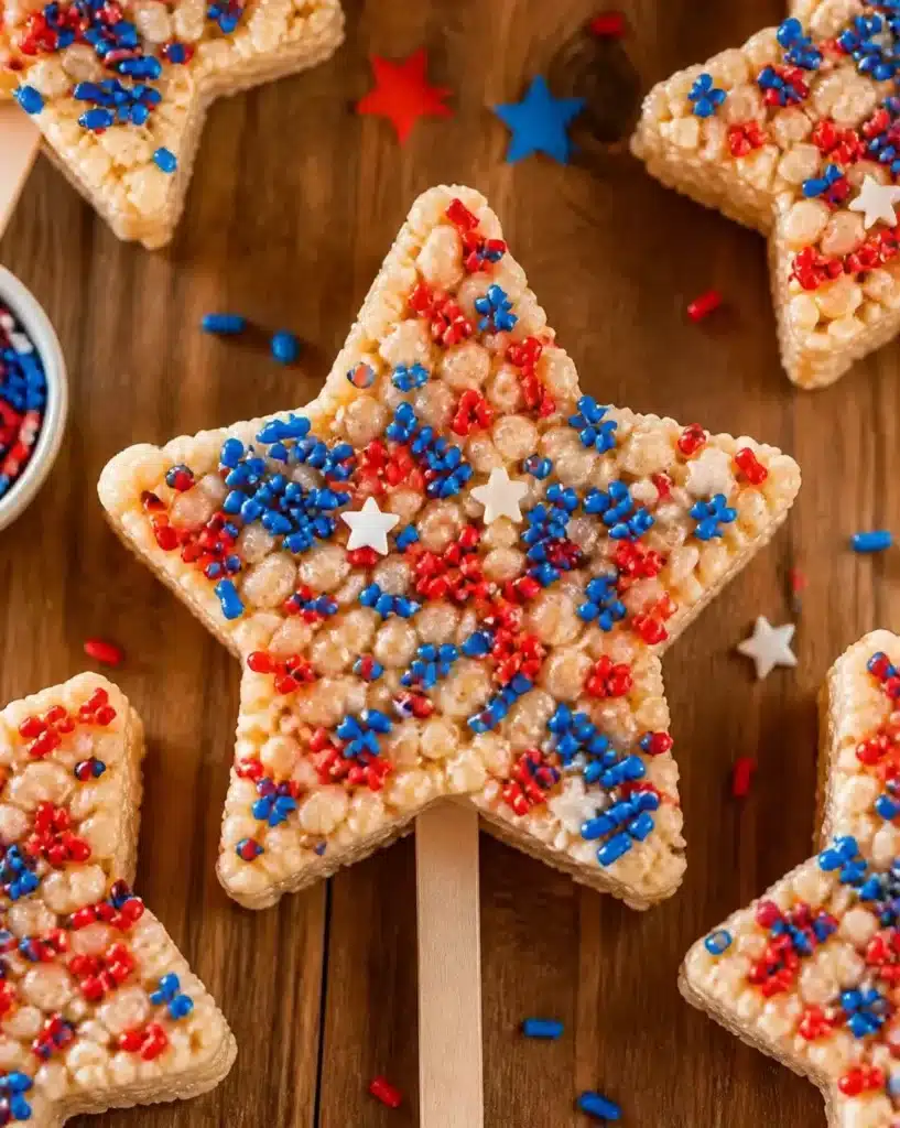 Patriotic Stars and Stripes Cereal Treats displayed on a festive table